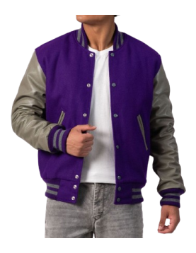 Purple Body &amp; Grey Leather Sleeves Letterman