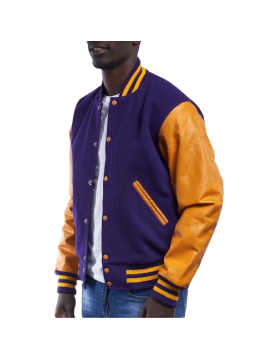 Purple Wool Body &amp; Bright Gold Leather Sleeves Letterman Jacket
