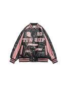 Retro Y2K Black and Pink Embroidered American Vintage Leather Bomber Jacket