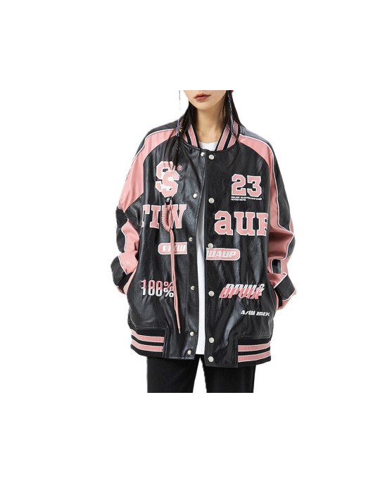 Retro Y2K Black and Pink Embroidered American Vintage Leather Bomber Jacket