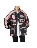 Retro Y2K Black and Pink Embroidered American Vintage Leather Bomber Jacket