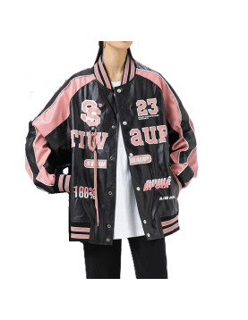 Retro Y2K Black and Pink Embroidered American Vintage Leather Bomber Jacket