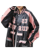 Retro Y2K Black and Pink Embroidered American Vintage Leather Bomber Jacket