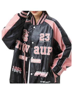 Retro Y2K Black and Pink Embroidered American Vintage Leather Bomber Jacket