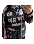 Retro Y2K Black and Pink Embroidered American Vintage Leather Bomber Jacket