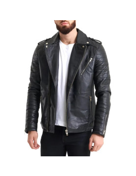 Ribbed Sleeve Real Leather Jacket