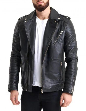 Ribbed Sleeve Real Leather Jacket