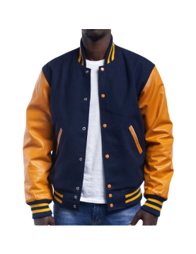 Royal Wool Body &amp; Bright Gold Leather Sleeves Letterman Jacket