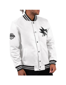 San Jose Sharks Black Ice Varsity White Leather Jacket