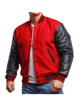 Scarlet Red Wool &amp; Black Leather Varsity Letterman Jacket