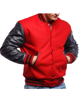 Scarlet Red Wool &amp; Black Leather Varsity Letterman Jacket