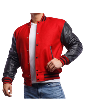 Scarlet Red Wool &amp; Black Leather Varsity Letterman Jacket