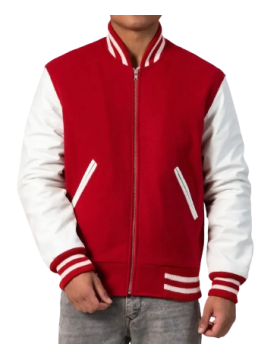 Scarlet Wool Body &amp; White Leather Sleeves Letterman Jacket With Zipper