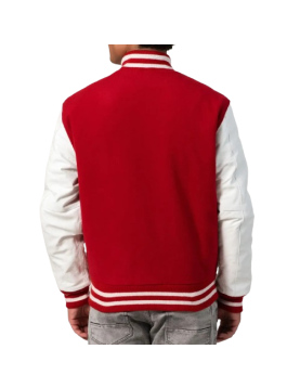 Scarlet Wool Body &amp; White Leather Sleeves Letterman Jacket With Zipper