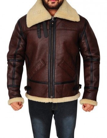 Mens Shearling Brown Bomber Leather Jacket