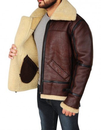Mens Shearling Brown Bomber Leather Jacket