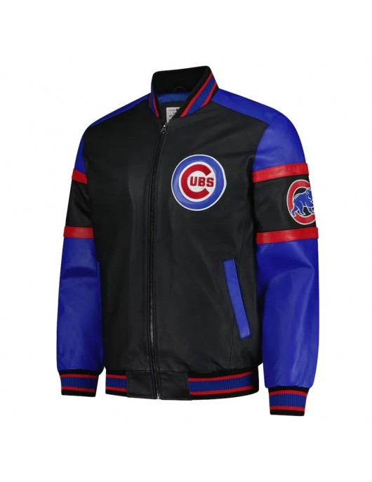 Striped Chicago Cubs Varsity Black and Blue Full-Zip Leather Jacket
