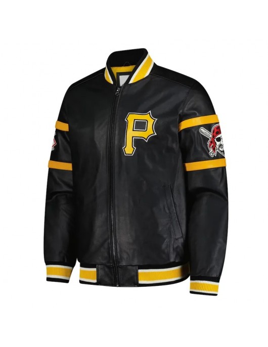 Striped Pittsburgh Pirates Varsity Full-Zip Black Leather Jacket