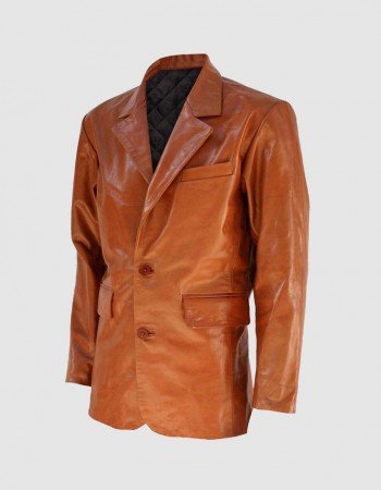 Tan Leather Coat with 2 Buttons