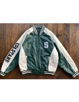 University of Michigan State Spartans Varsity Green and White Leather Jacket