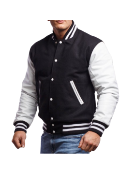White Genuine Leather &amp; Black Wool Varsity Letterman Jacket