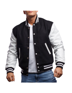 White Genuine Leather &amp; Black Wool Varsity Letterman Jacket