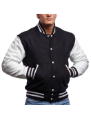 White Genuine Leather & Black Wool Varsity Letterman Jacket