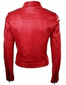 Womens Sheepskin Leather Biker Jacket Red Tan Stand Collar