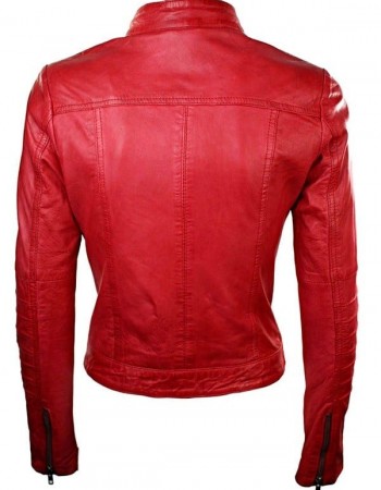 Womens Sheepskin Leather Biker Jacket Red Tan Stand Collar
