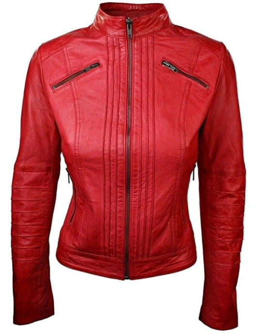 Womens Sheepskin Leather Biker Jacket Red Tan Stand Collar