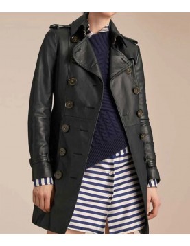 Women’s Mid-Length Double Breasted Black Leather Coat