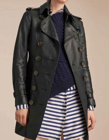 Women’s Mid-Length Double Breasted Black Leather Coat