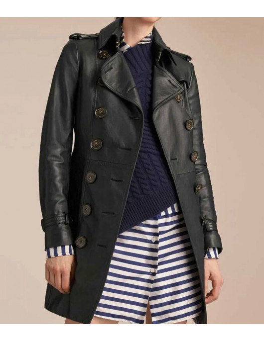 Women’s Mid-Length Double Breasted Black Leather Coat