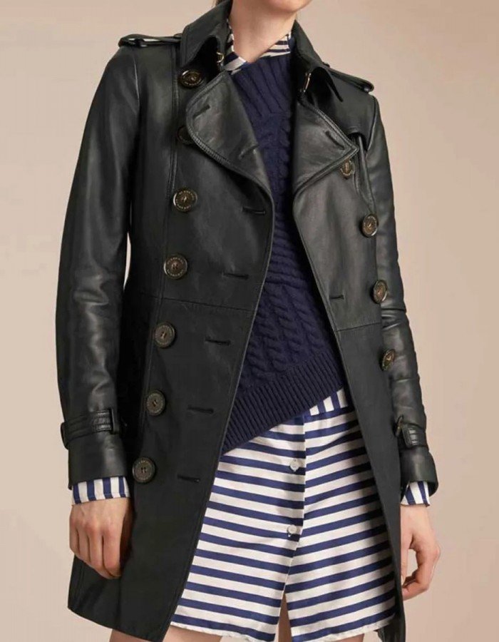 Women’s Mid-Length Double Breasted Black Leather Coat