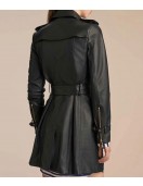Women’s Mid-Length Double Breasted Black Leather Coat