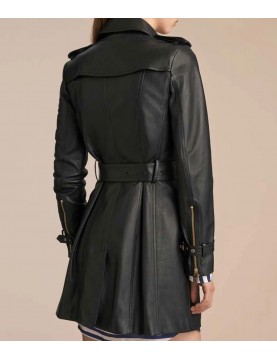 Women’s Mid-Length Double Breasted Black Leather Coat