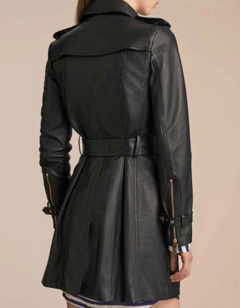 Women’s Mid-Length Double Breasted Black Leather Coat