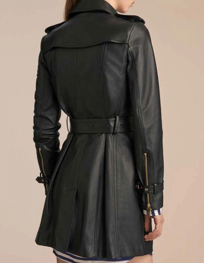 Women’s Mid-Length Double Breasted Black Leather Coat