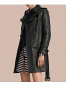 Women’s Mid-Length Double Breasted Black Leather Coat