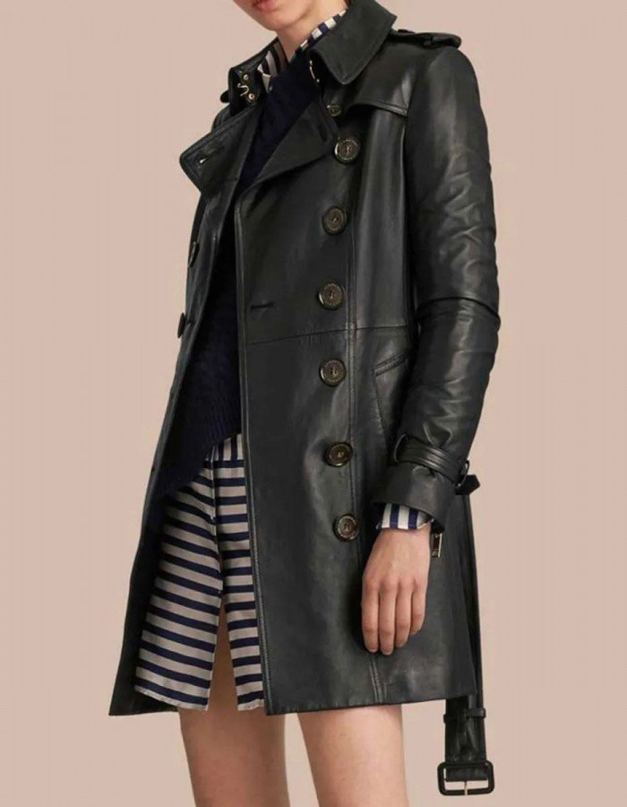 Women’s Mid-Length Double Breasted Black Leather Coat