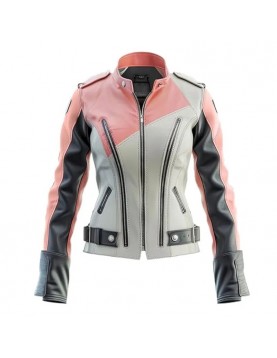 Women’s Peach Pink and Black Biker Leather Jacket