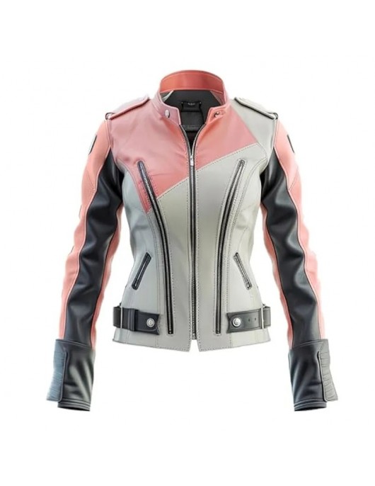 Women’s Peach Pink and Black Biker Leather Jacket
