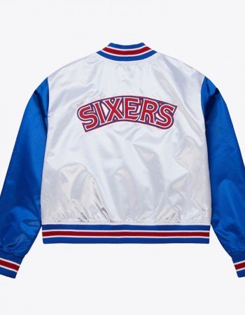 Women’s Philadelphia 76ers Cropped White and Blue Satin Jacket