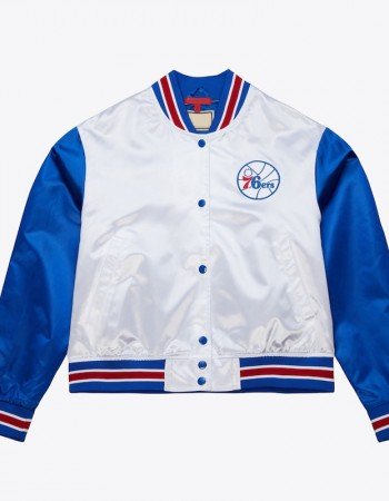 Women’s Philadelphia 76ers Cropped White and Blue Satin Jacket