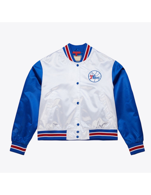 Women’s Philadelphia 76ers Cropped White and Blue Satin Jacket