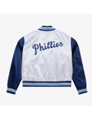 Women’s Philadelphia Blue Jays Cropped White and Blue Satin Jacket