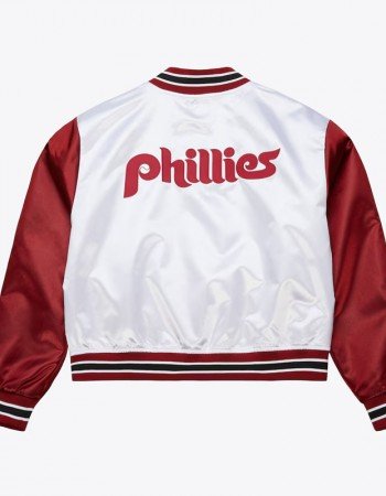 Women’s Philadelphia Phillies Cropped White and Red Satin Jacket