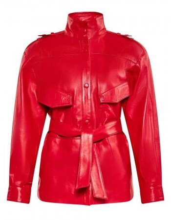 Women’s Red Long Belted Leather Jacket