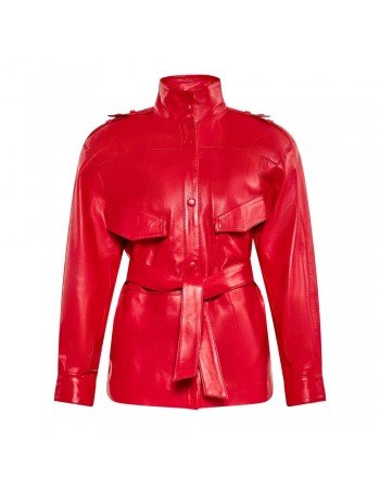 Women’s Red Long Belted Leather Jacket
