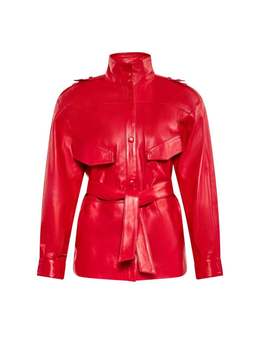 Women’s Red Long Belted Leather Jacket